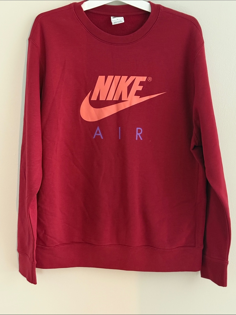 Nike Men's Deep Red Crewneck Sweatshirt with Peach Logo